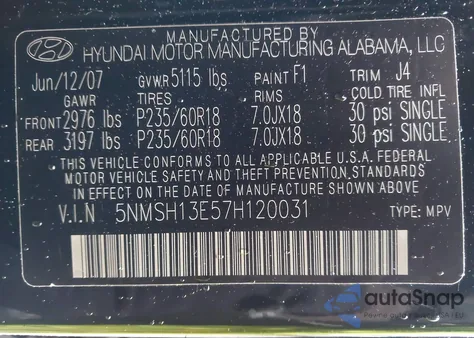 2007 Hyundai Santa Fe Limited/Se from USA, damaged, VIN 5NMSH13E57H120031